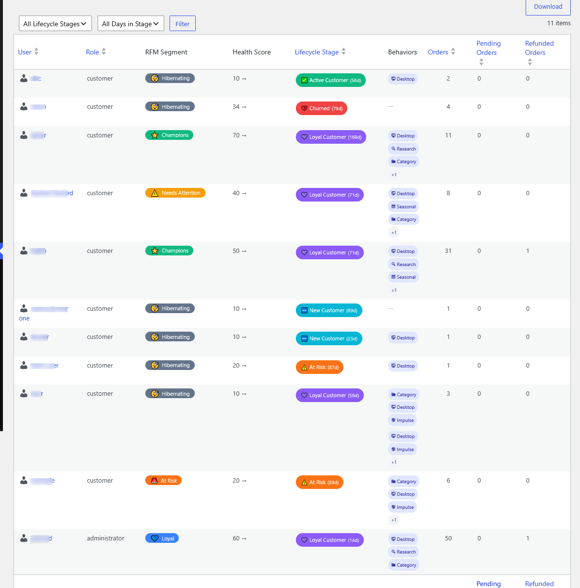 WooCommerce customer intelligence dashboard with revenue, RFM, health and churn