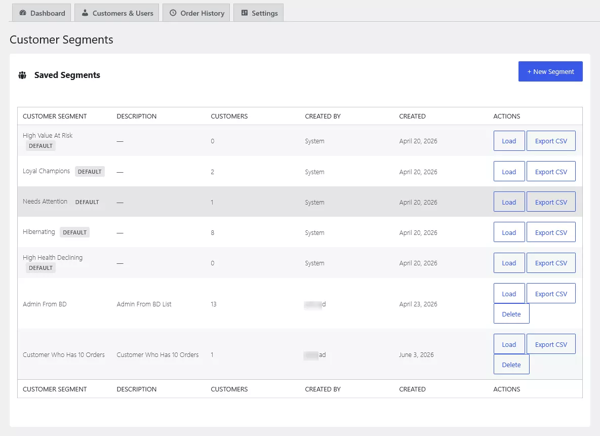 Saved customer segments with member counts and export actions
