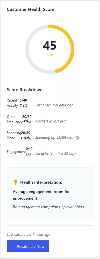 Customer health score gauge with a 0–100 score and breakdown