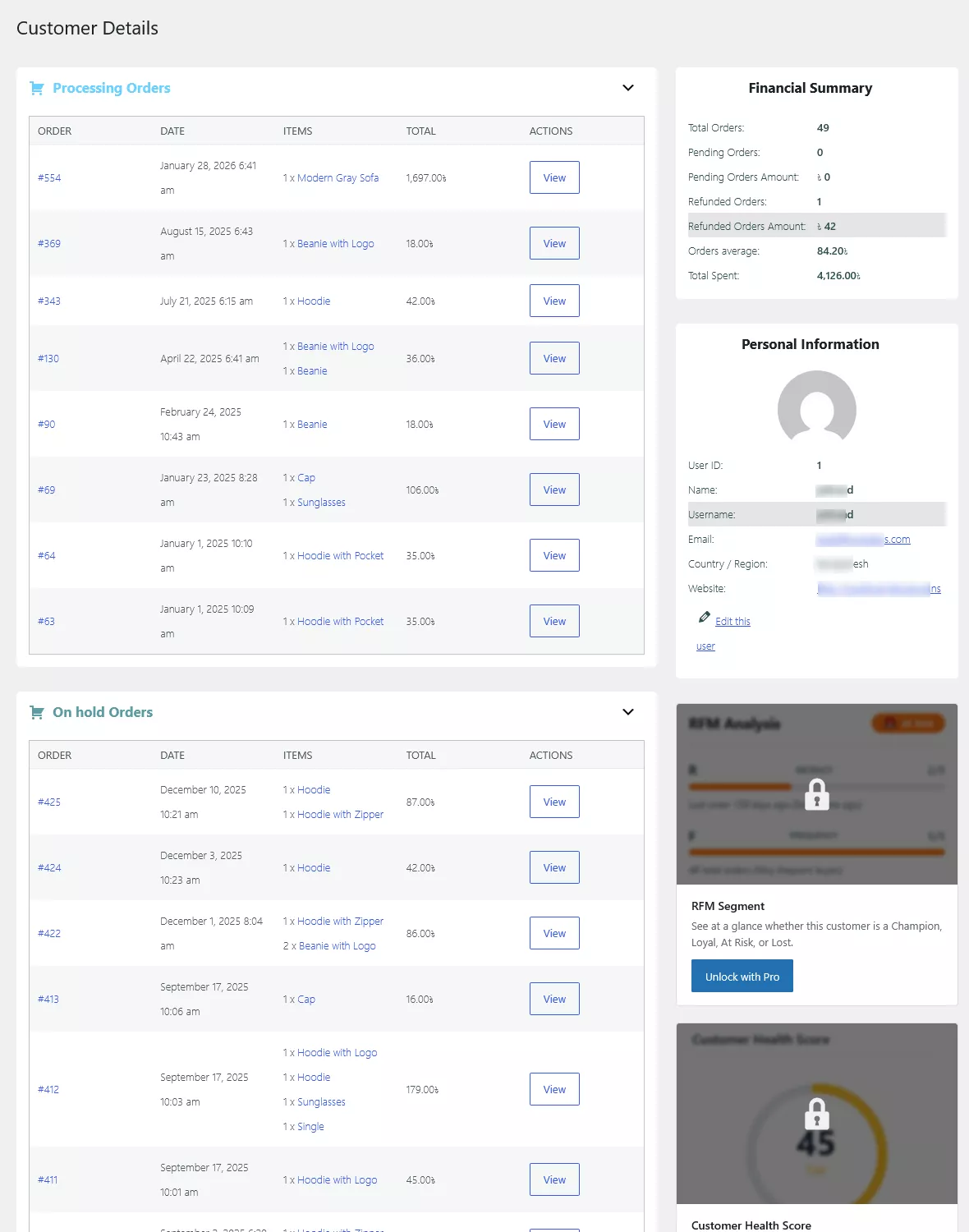 Customer profile with financial summary, order history and intelligence panels