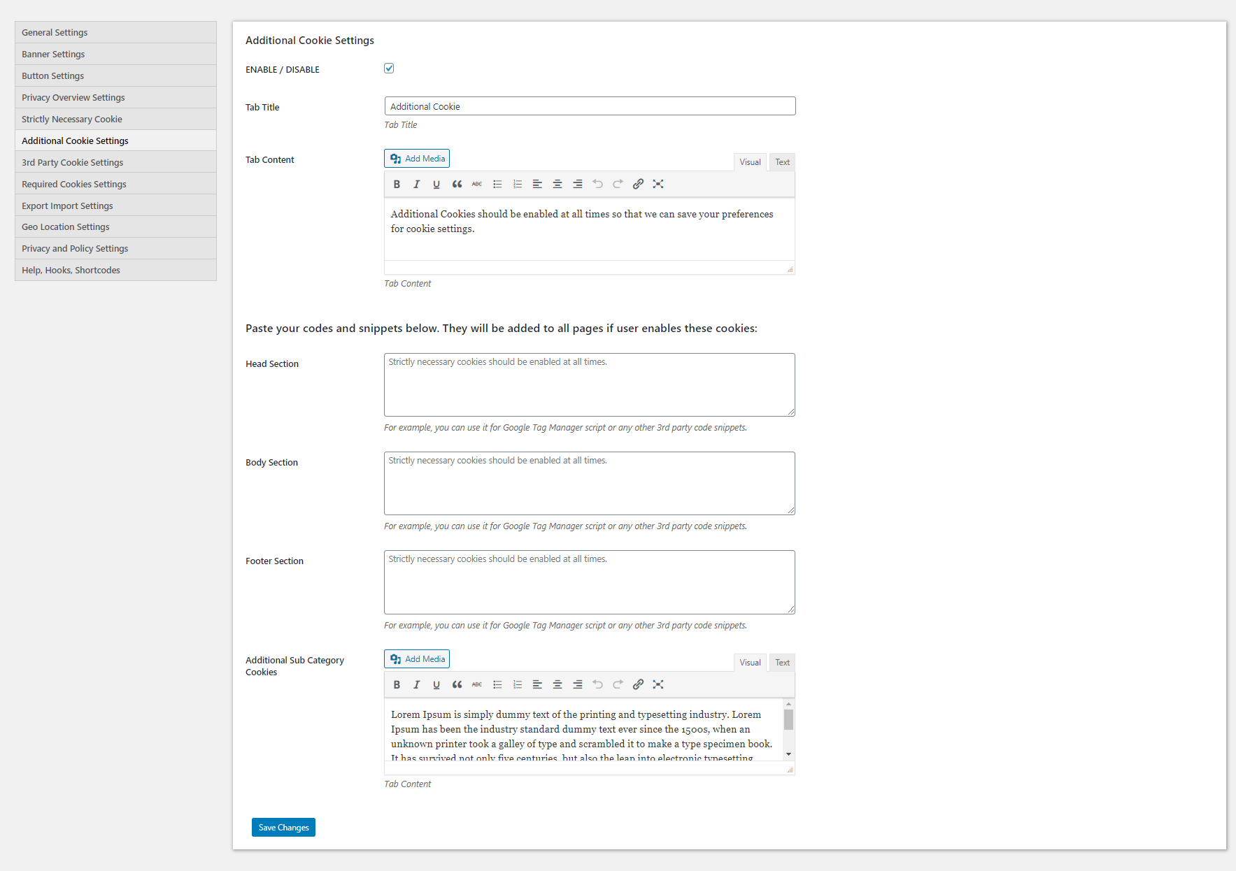 Additional Cookie Settings