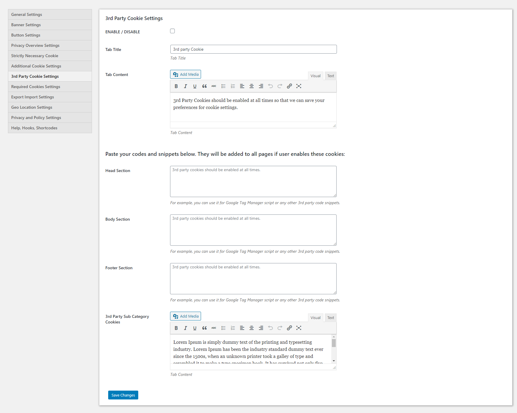 3rd Party Cookie Settings