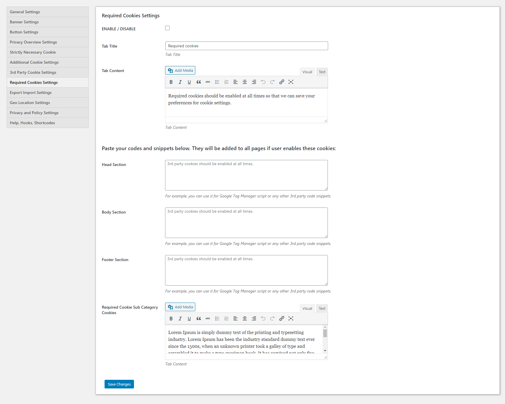 Required Cookie Settings