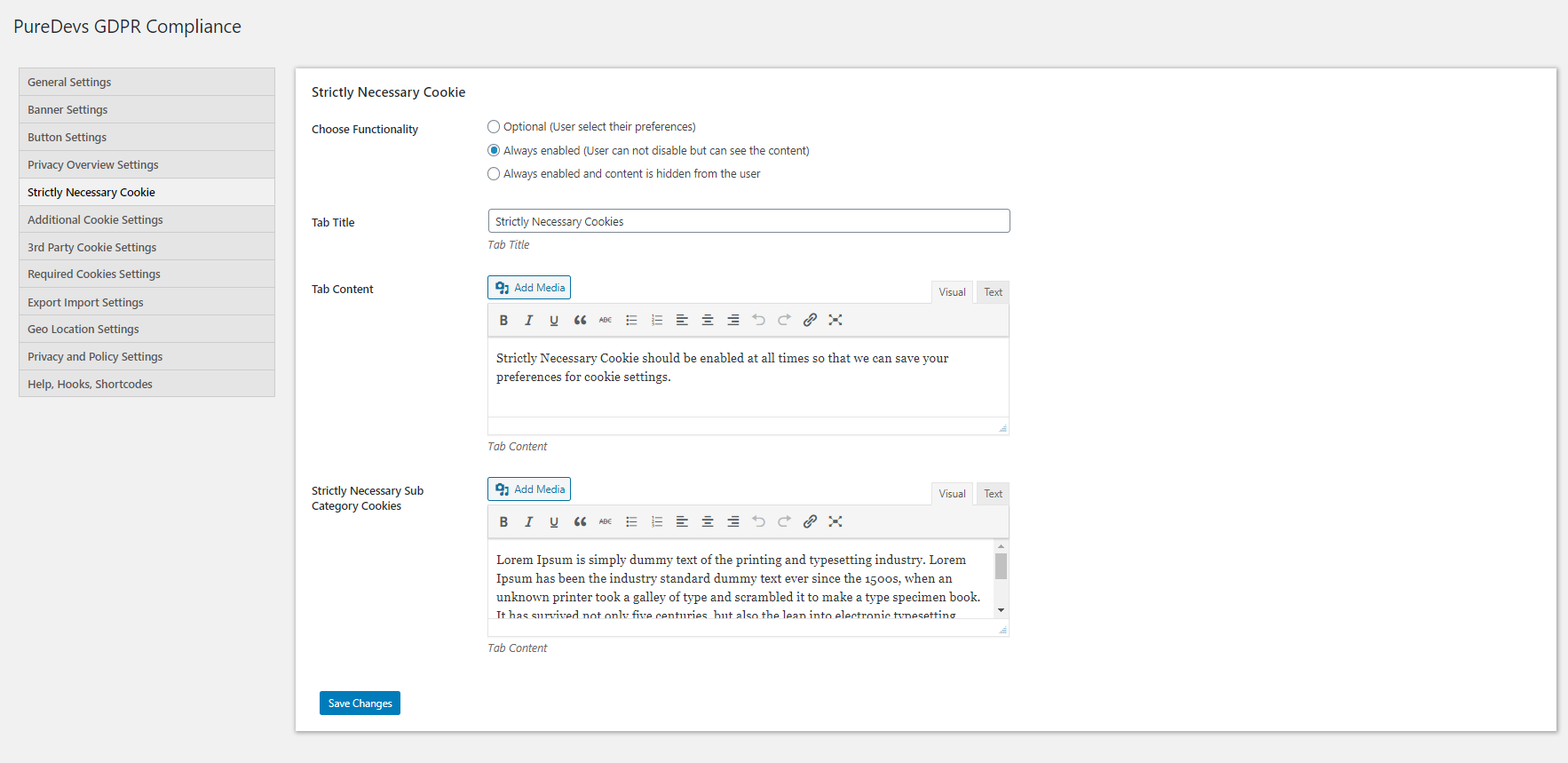 Strickly Necessary Cookie Settings
